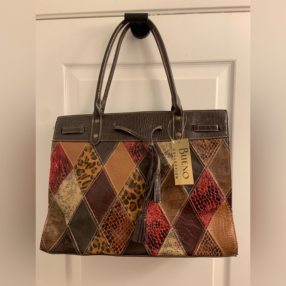 Bueno Patchwork Tote Bag - Brown, Red, and Tan